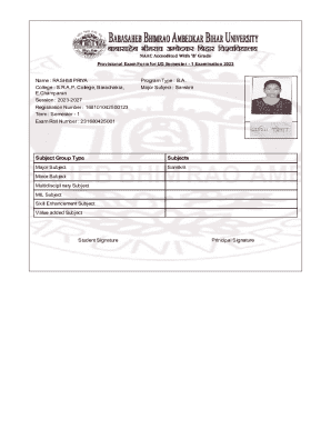 Provisional Exam Form for UG Semester 1