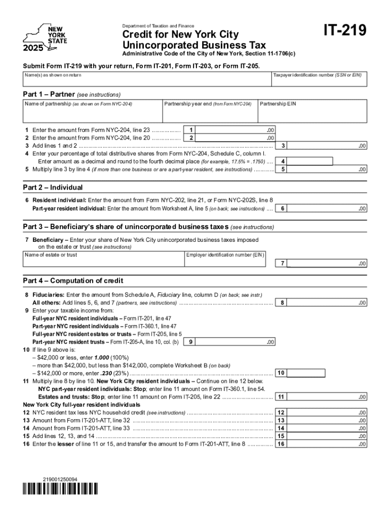 Instructions for Form IT-219 Credit for New York - Tax NY Preview on Page 1