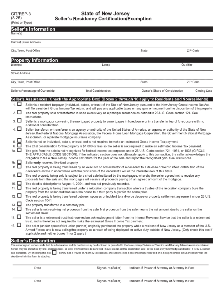 GIT REP-3 Seller's Residency Certification Exemption GIT REP-3 Seller's Residency Certification Exem Preview on Page 1
