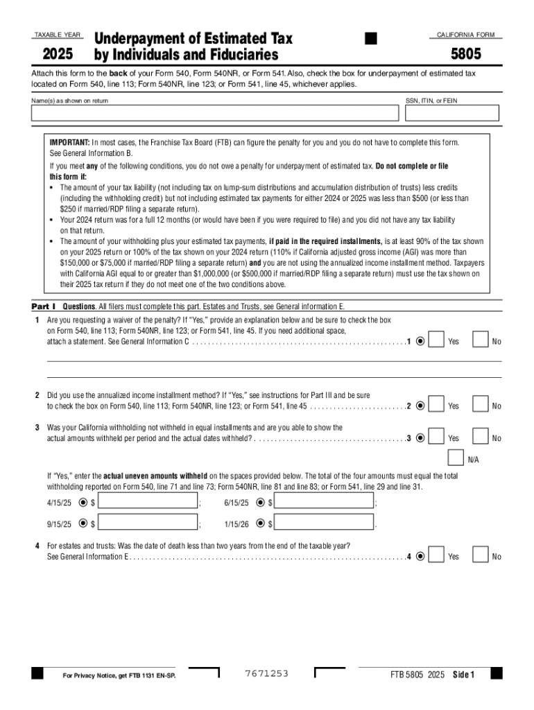 California Form 5805 Underpayment of Estimated Tax Preview on Page 1