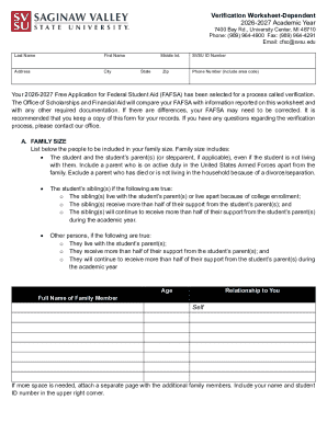Verification Worksheet for FAFSA 2026-2027