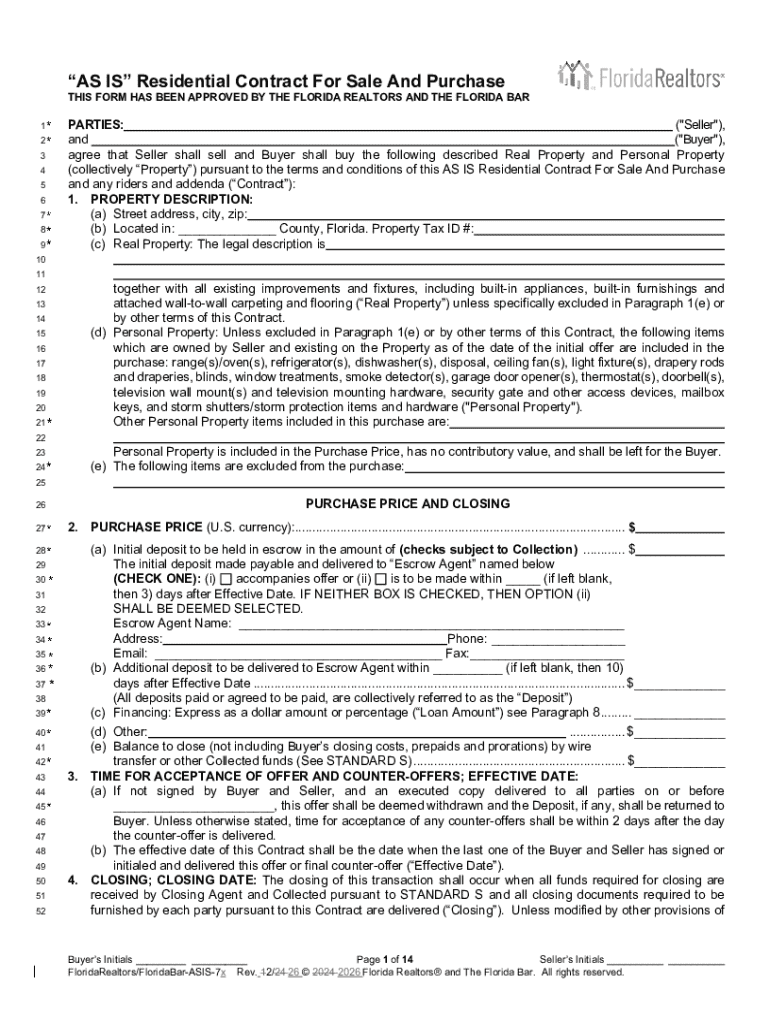 Florida AS IS Residential Contract For Sale And Purchase Preview on Page 1