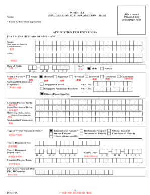 Singapore Entry Visa Application Form 14A