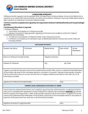 Los Angeles Unified School District Childcare Affidavit