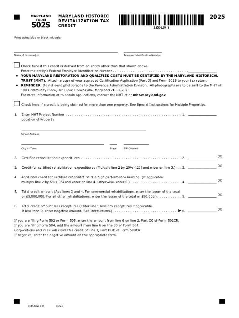 Maryland Historic Revitalization Tax Credit Form 502S - Blank Fillable ...