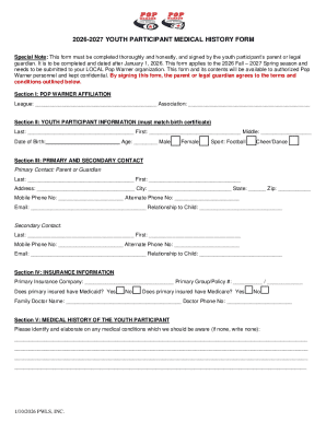 2026-2027 Youth Participant Medical History Form