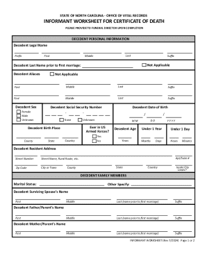 North Carolina Certificate of Death Informant Worksheet