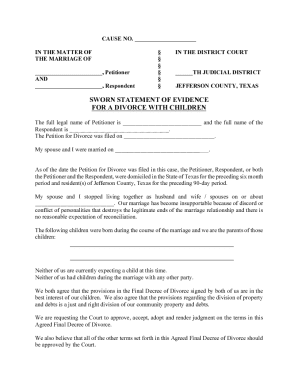 Texas Divorce with Children Sworn Statement of Evidence