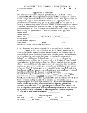 Mississippi Youth Football Participation Application
