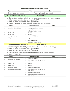 Grade 1 Mathematics Diagnostic Interview Form