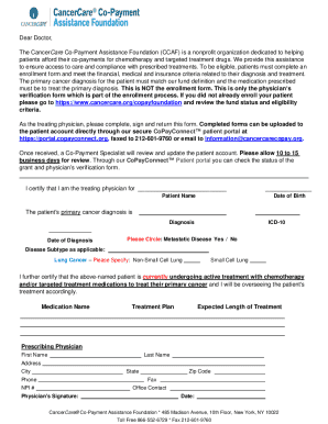 Physician Verification Form for CancerCare Co-Payment Assistance