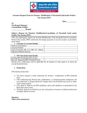 Customer Request Form for Fixation of Threshold Limit under Positive Pay System