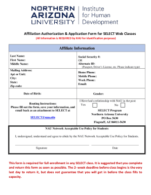 Affiliation Authorization & Application Form for SELECT Web Classes