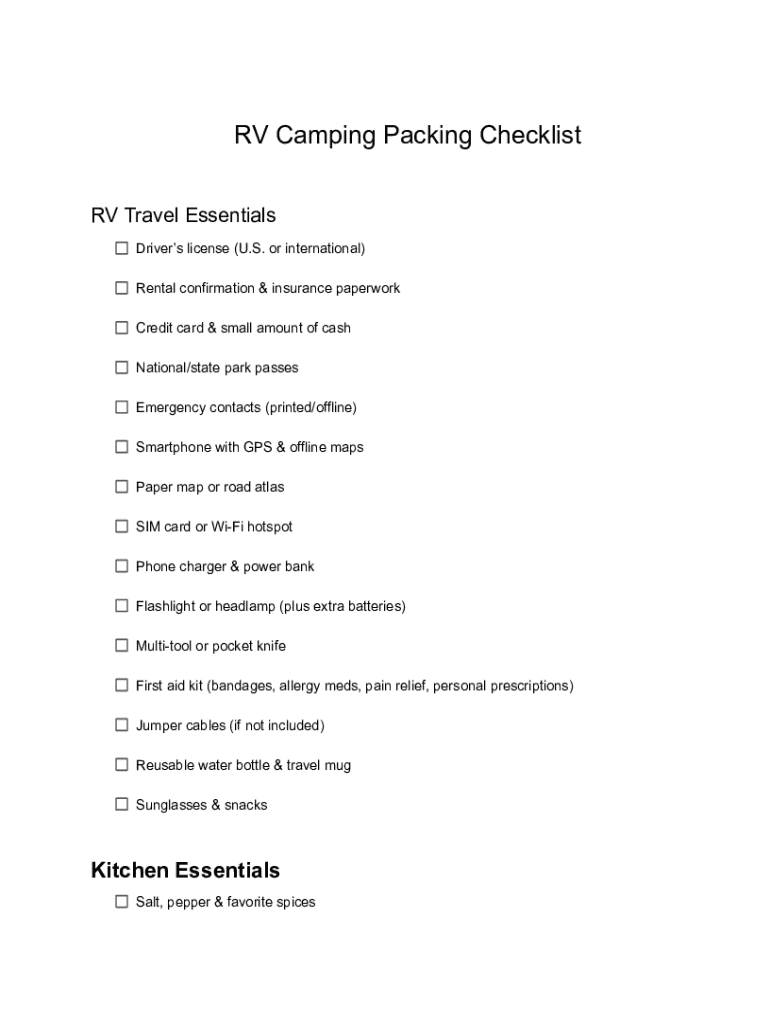 RV Camping Packing Checklist - Blank Fillable Template | Fill Out