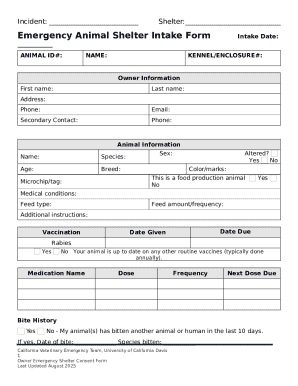 Emergency Animal Shelter Intake Form