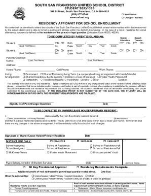 South San Francisco Residency Affidavit for School Enrollment