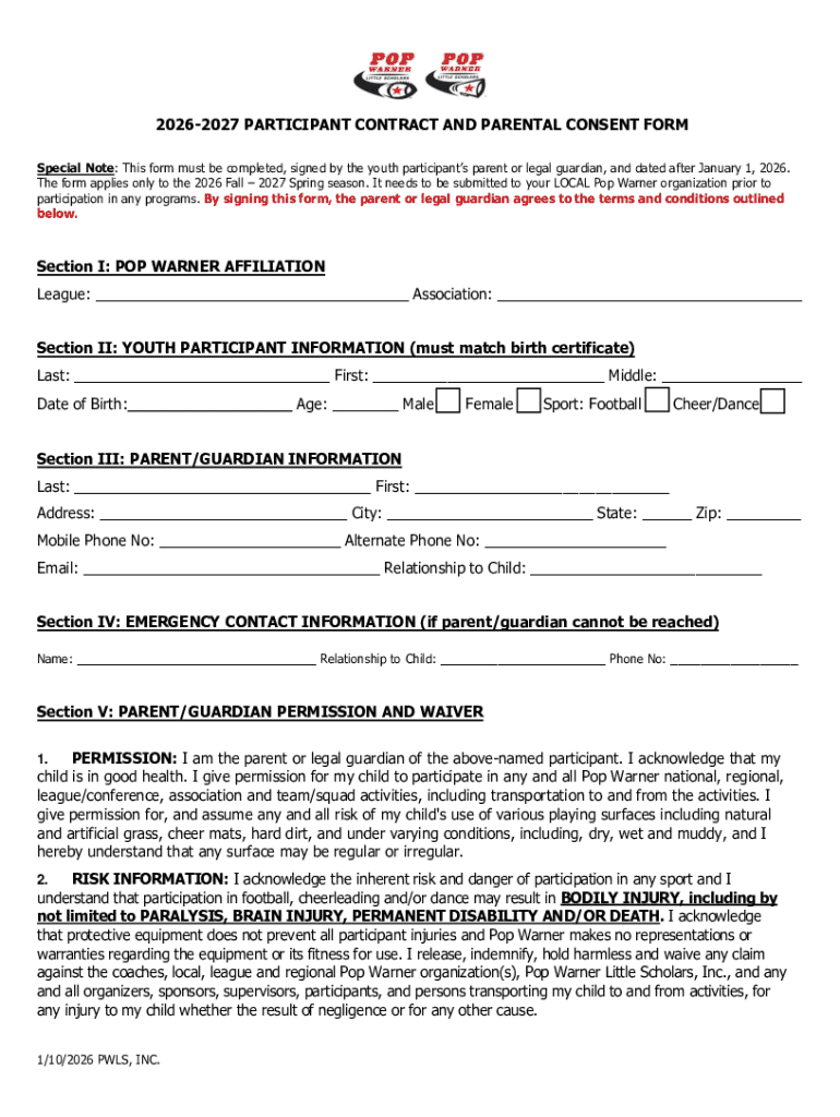 2026-2027 Pop Warner Participant Contract and Parental Consent Form Preview on Page 1