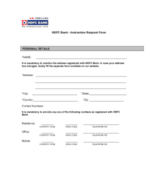 HDFC Bank Instruction Request Form