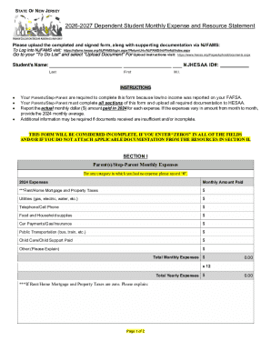2026-2027 Dependent Student Monthly Expense and Resource Statement