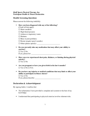 Klaff Sports Physical Therapy Health Declaration