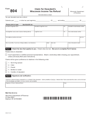 Wisconsin Form 804 Claim for Decedent’s Income Tax Refund