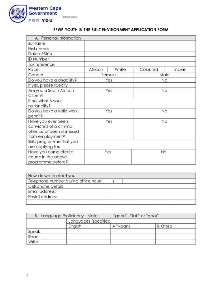 EPWP Youth Built Environment Application Form - Blank Fillable Template ...