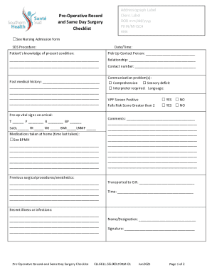 Pre-Operative Record and Same Day Surgery Checklist