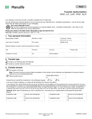 Manulife Transfer Authorization Form