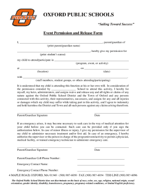 Oxford Public Schools Event Permission and Release Form