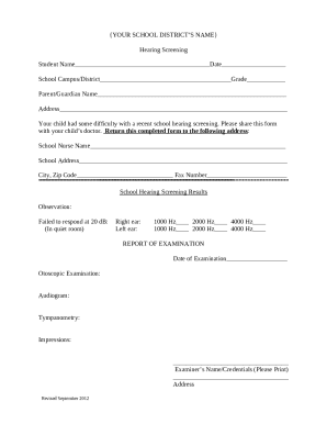 School Hearing Screening Form
