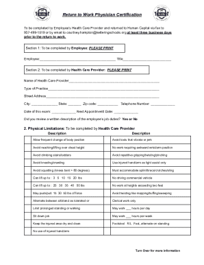 Return to Work Physician Certification