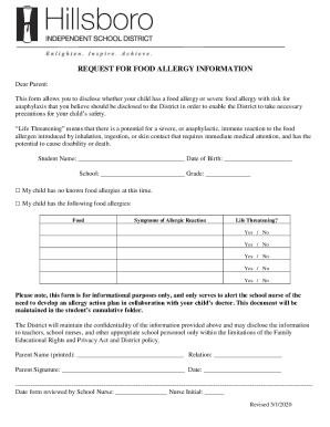 Food Allergy Information Request Form