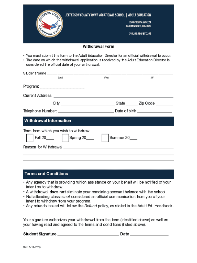 Adult Education Withdrawal Form - Blank Fillable Template | Fill Out ...