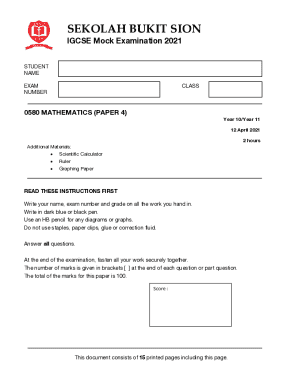 IGCSE Mathematics Mock Exam 2021