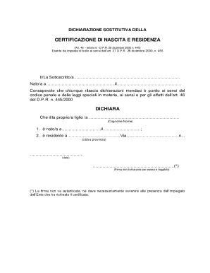 DICHIARAZIONE SOSTITUTIVA DELLA CERTIFICAZIONE DI NASCITA E RESIDENZA