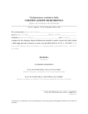 Italy Place of Residence Declaration