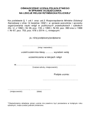 Student Declaration for Catholic Religion Classes