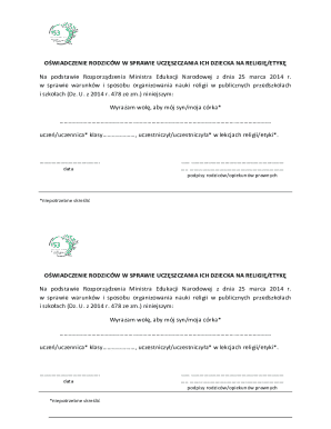 Parental Declaration for Child's Religion or Ethics Attendance