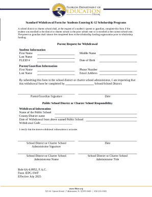Standard Withdrawal Form for K-12 Scholarship Programs