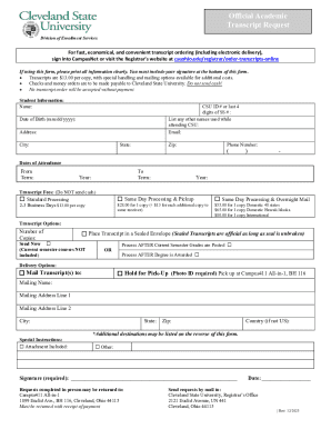 Cleveland State University Transcript Request Form