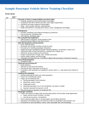 Passenger Vehicle Driver Training Checklist