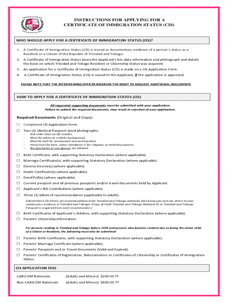 Certificate of Immigration Status Application - Blank Fillable Template ...