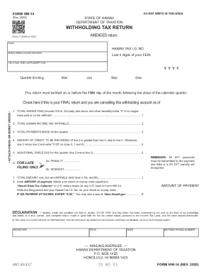 Hawaii Withholding Tax Return Form HW-14