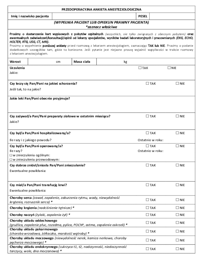 Preoperative Anesthesiology Questionnaire - Blank Fillable Template ...