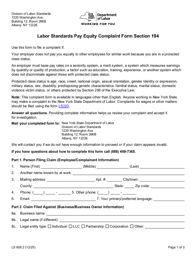 New York Pay Equity Complaint Form - Blank Fillable Template | Fill Out ...