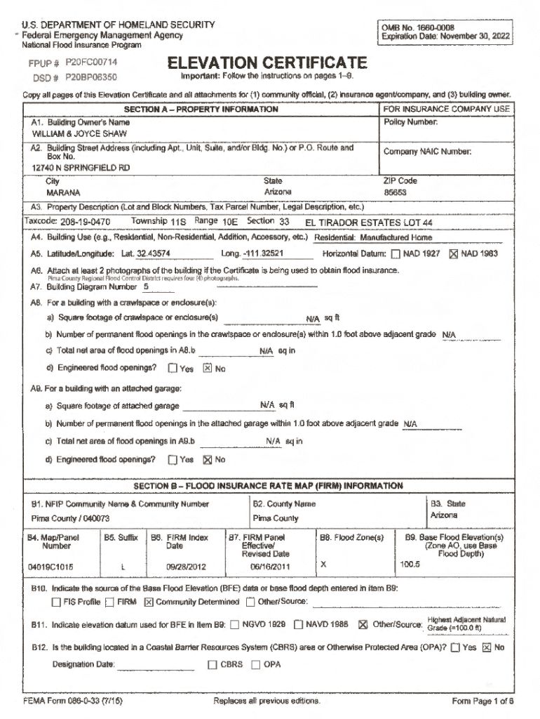 FEMA Elevation Certificate Form 086-0-33 - Blank Fillable Template ...