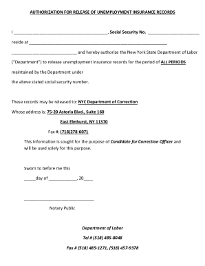 Authorization of Release of Unemployment Records Form