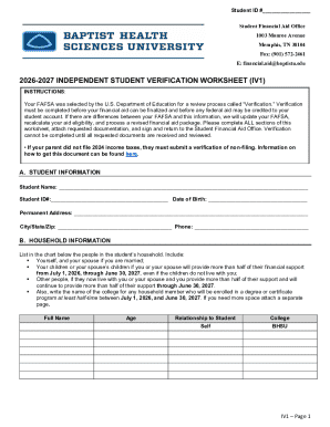 2026-2027 Independent Student Verification Worksheet