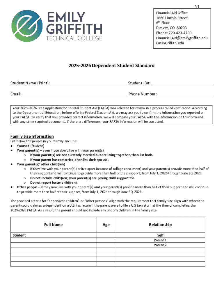 2025-2026 Dependent Student Verification Form - Blank Fillable Template ...