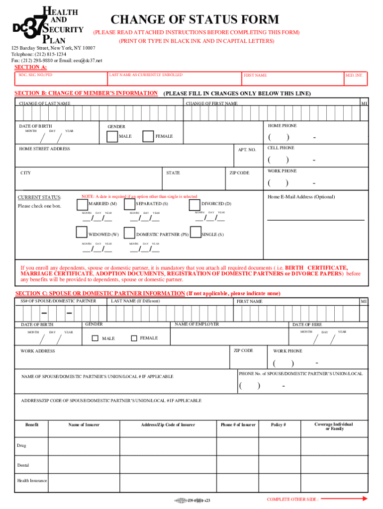 DC37 Health and Change of Status Form - Blank Fillable Template | Fill ...